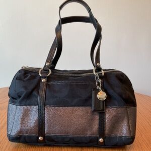 Coach Signature Black and Metallic Grey Stripe Barrel Purse